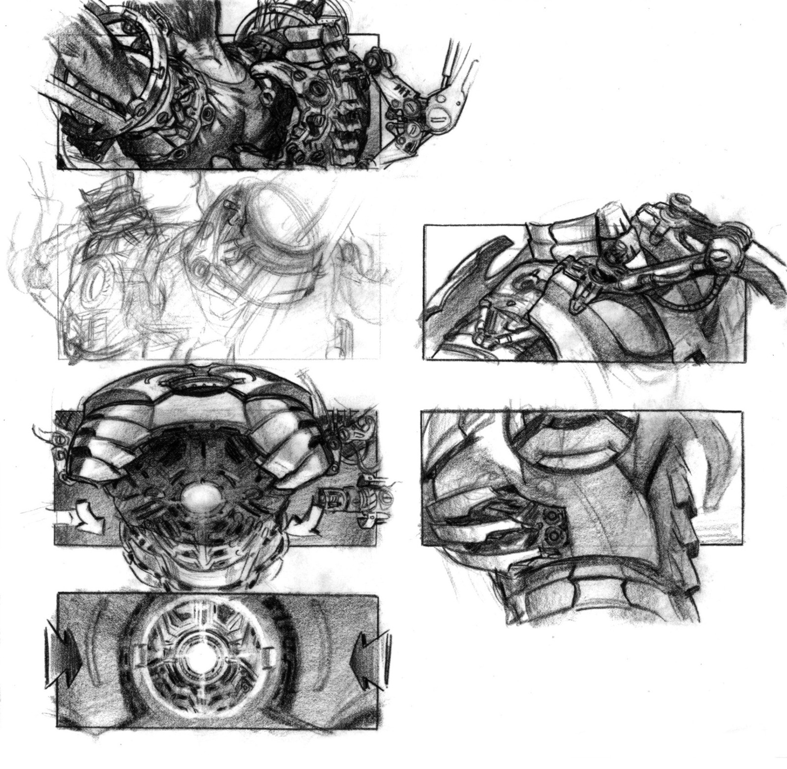 Suiting-up storyboards showing potential key shots in the suit-up sequence.(Pencil on vellum)