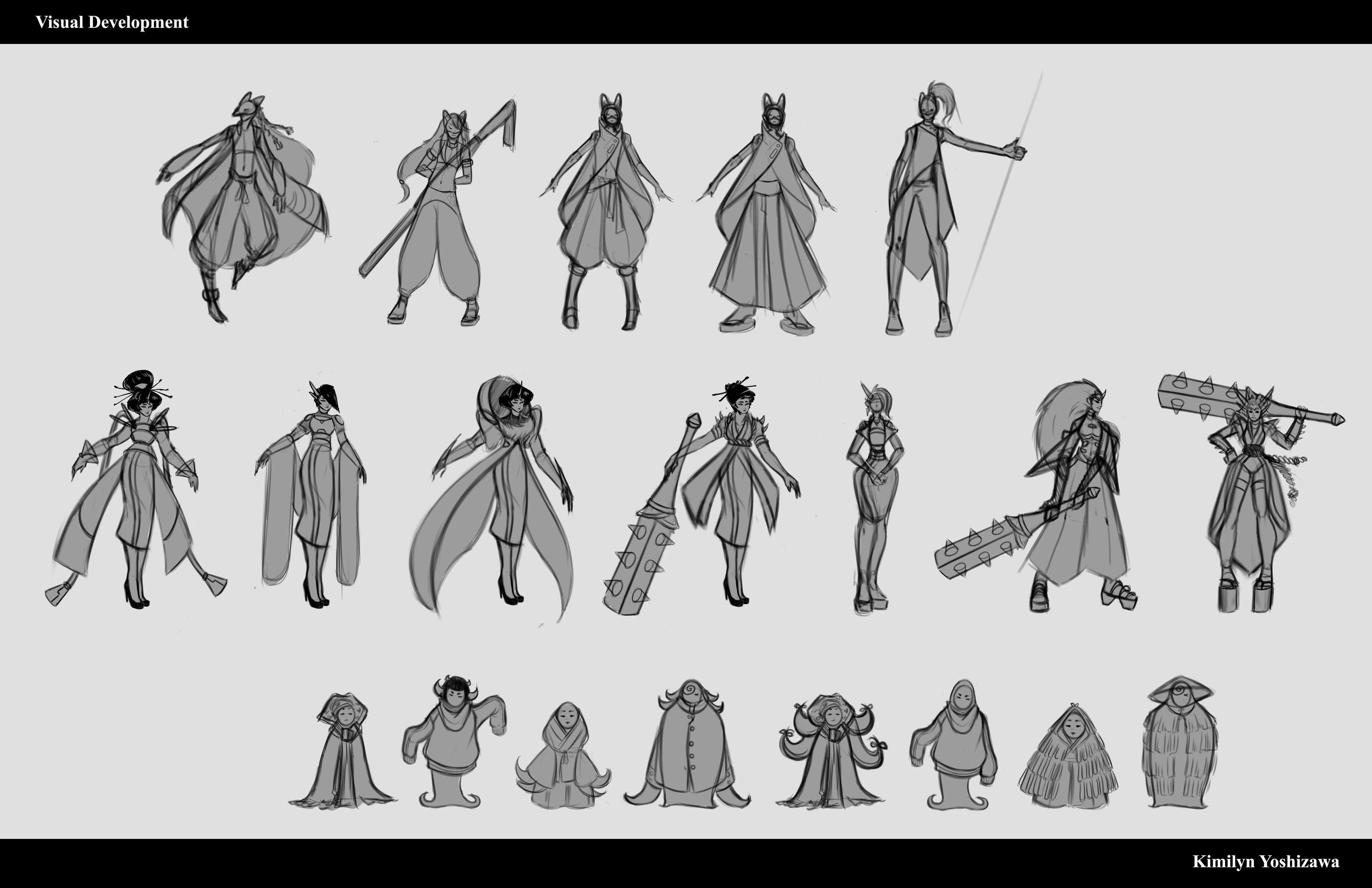 Collection of character concept iterations.