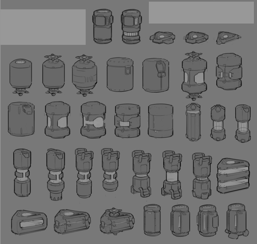 Various powerup concepts. We ended up going with the one that looked like a soda can and a slice of cake. 