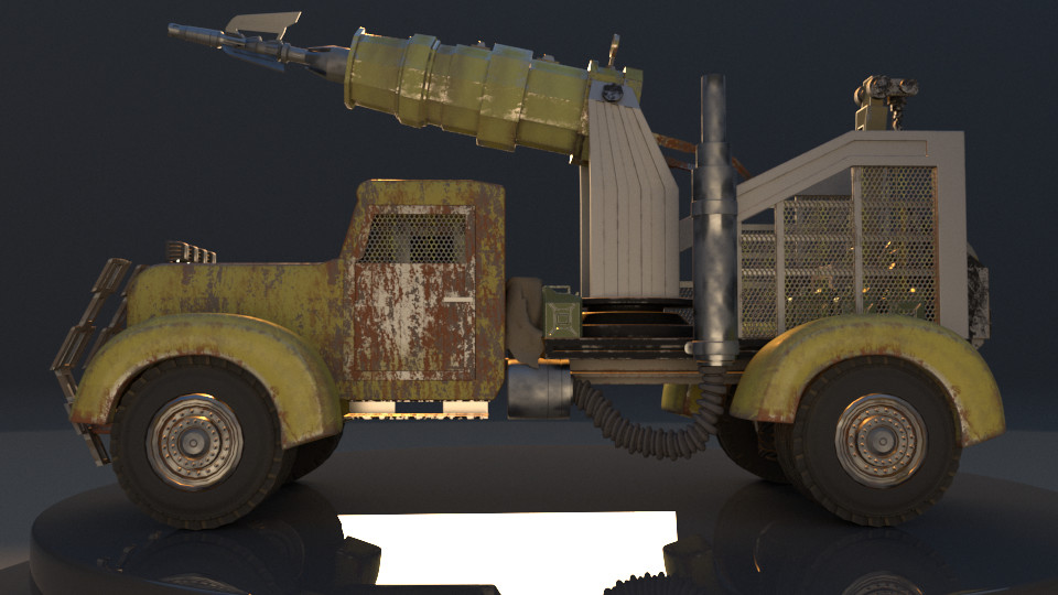 Final result! The rust textures are the result of a lot of triplanar blending in Maya's Vray plugin.  