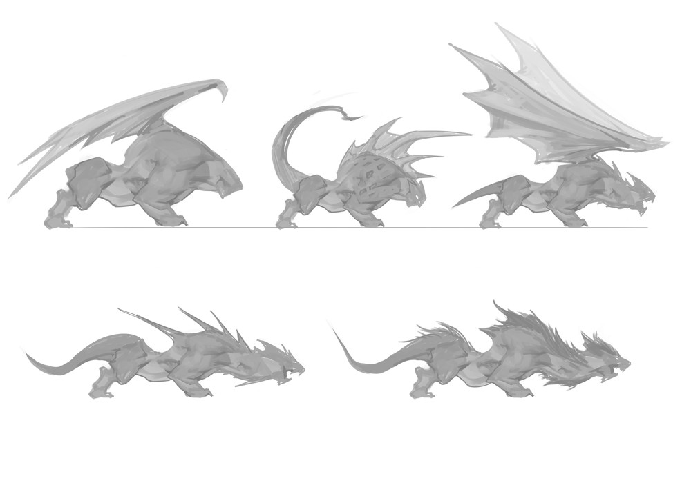 Thumbnails! Focus on silhouette and finding some non-traditional dragon themes.