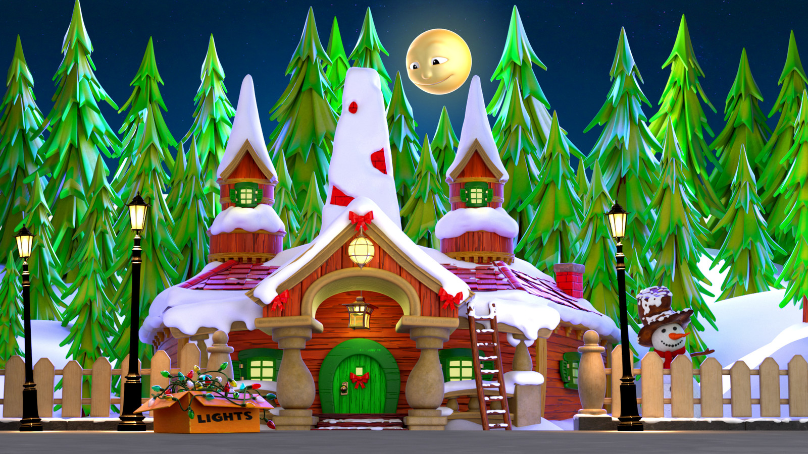 This is one of the main sets I worked on, the exterior of Mickey’s house. I was responsible for all modelling, texturing, shading and lighting of this scene, excluding the background trees.
