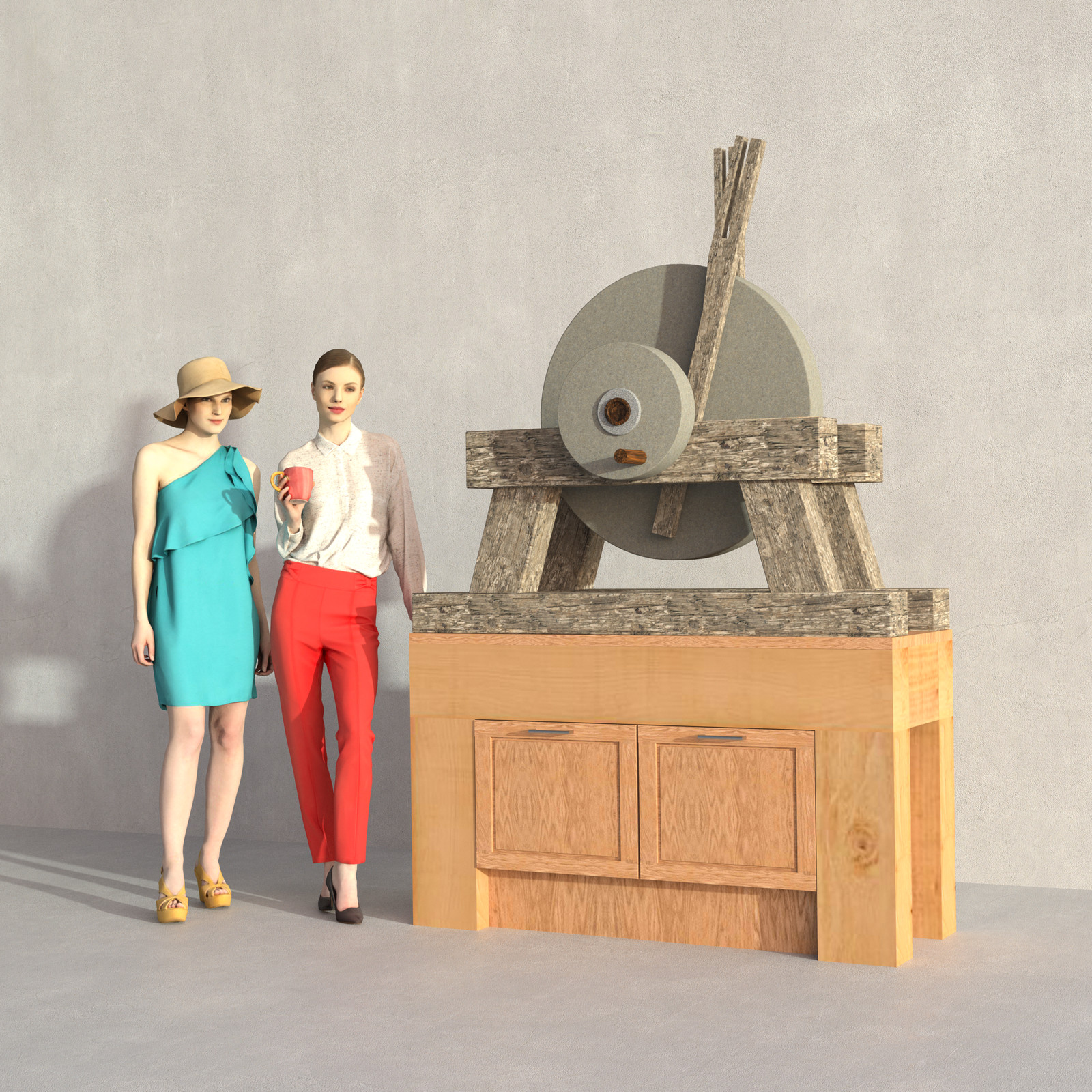 SketchUp + Thea Render 
Rivendell Mill's Millstone 03

The 3d people are from AXYZ design collections found here:
Collection 30 : http://bit.ly/2kS8pHx
Collection 31 : http://bit.ly/2lJSkFu
