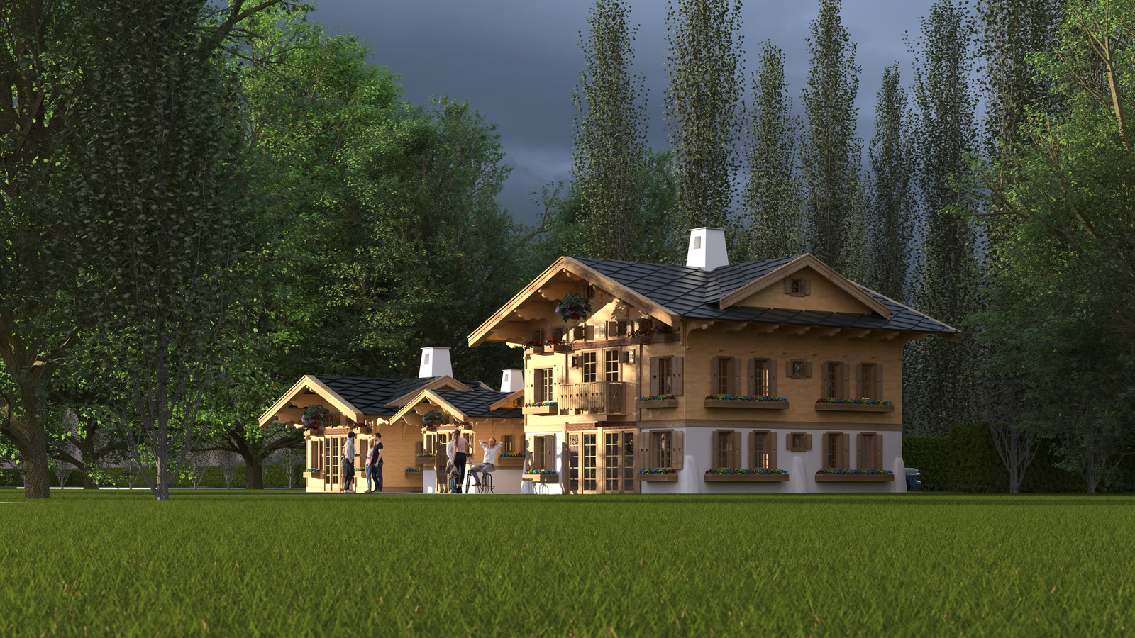 Sketchup 2018 + Thea Render 
This one is just for fun testing Thea 
Chalet large-Scene 6 252 hdr

HDR by HDRI-SKIES​ found here: http://hdri-skies.com/shop/hdri-sky-252/