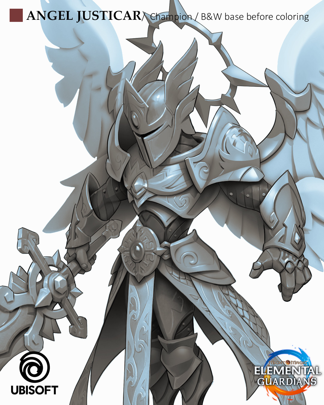 Angel Justicar - B&amp;W base before coloring
(Might &amp; Magic Elemental Guardians videogame)
