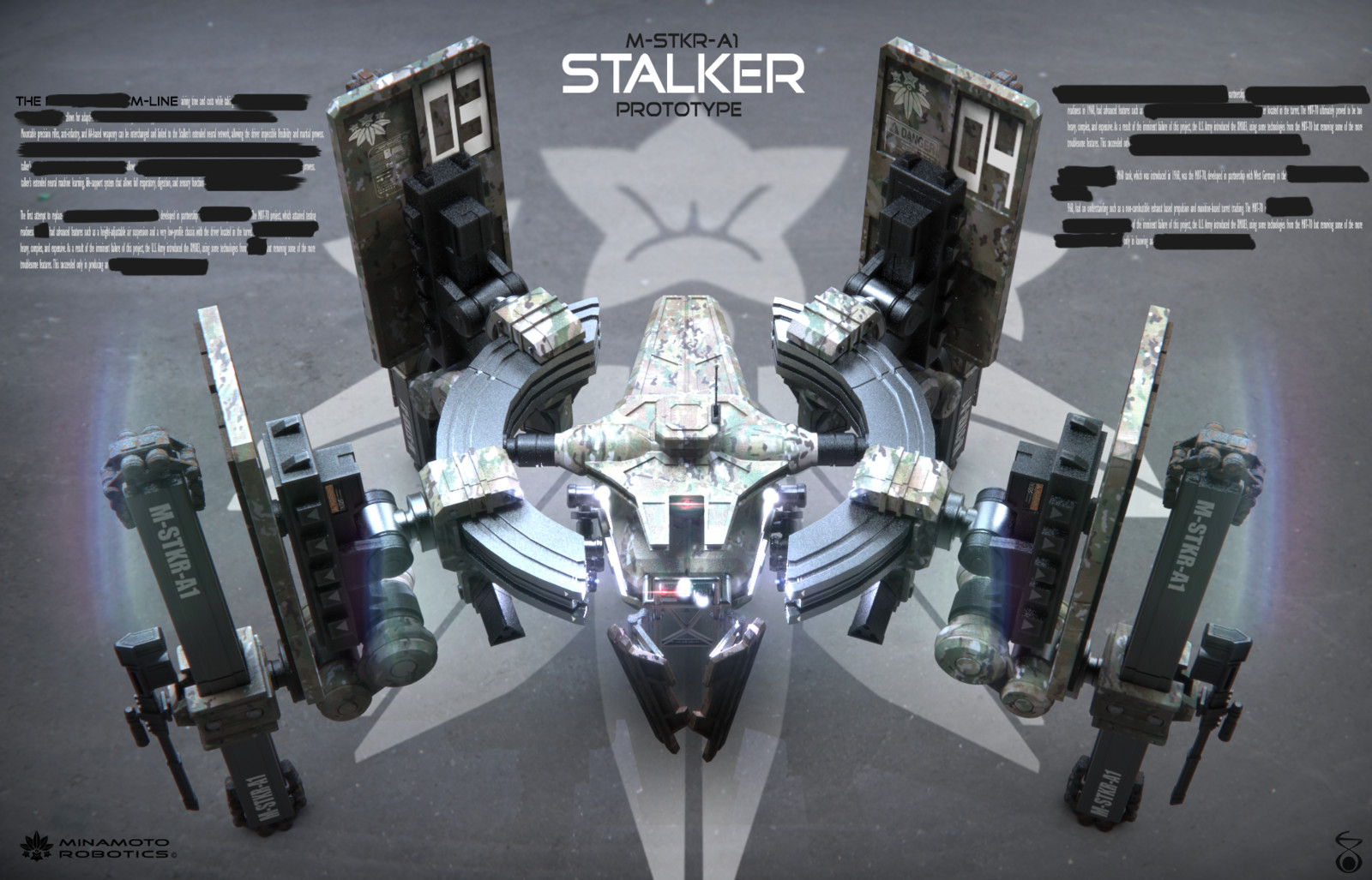 The Stalker was the last human-piloted weapon manufactured by Minamoto Robotics before the company was managed by Michael Minamoto's daughter, and Neuro-technologist, Kym Minamoto.