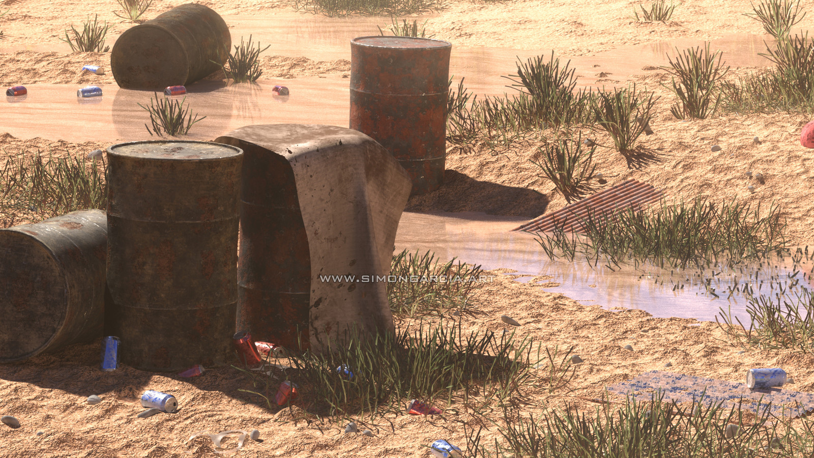 Details from the water, sand, cans, rusted barrels and dirty cloth.