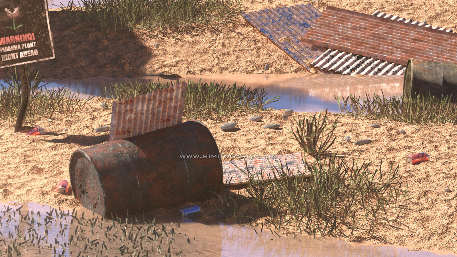 More details for rusted barrels, cans, zinc walls.