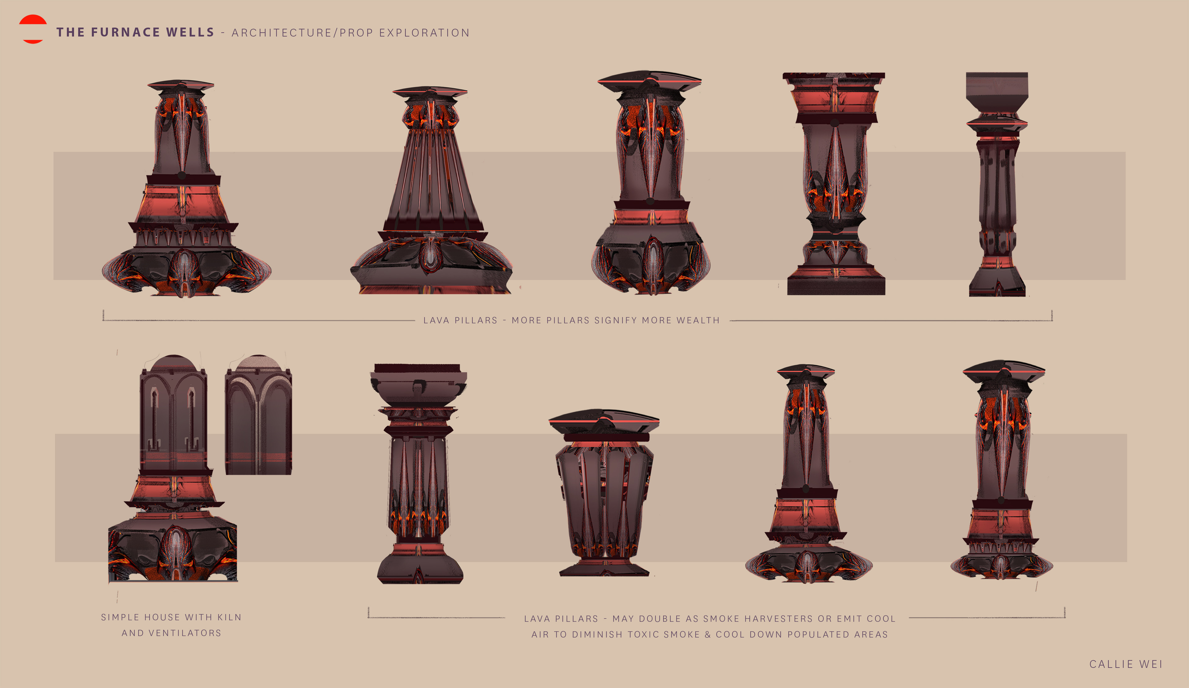 Smoke harvesting pillars - more pillars signify more wealth. Perhaps they purify the toxins from the smoke and send it back out as cool, purified air.