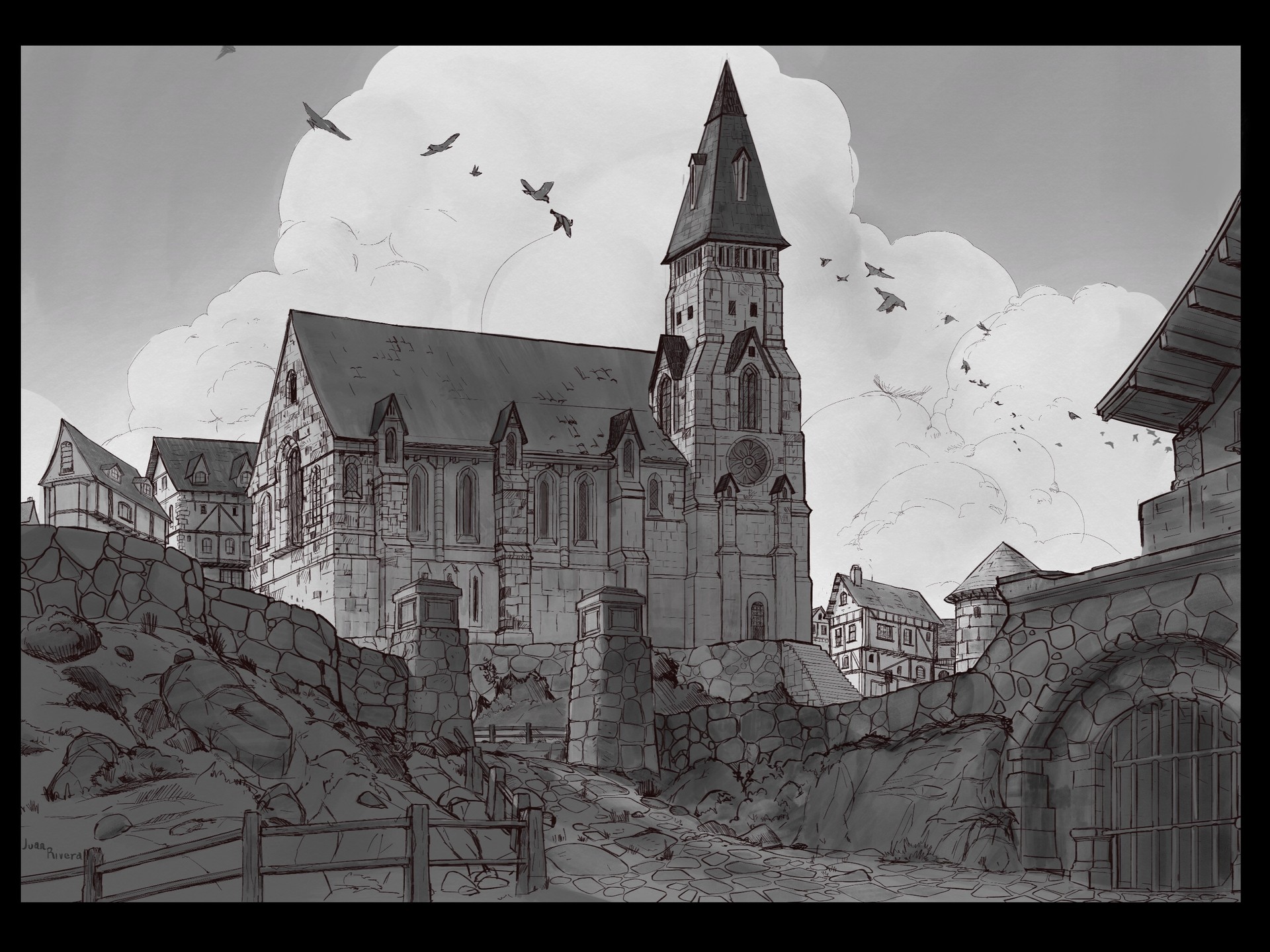 Разрушенный средневековый город скетч