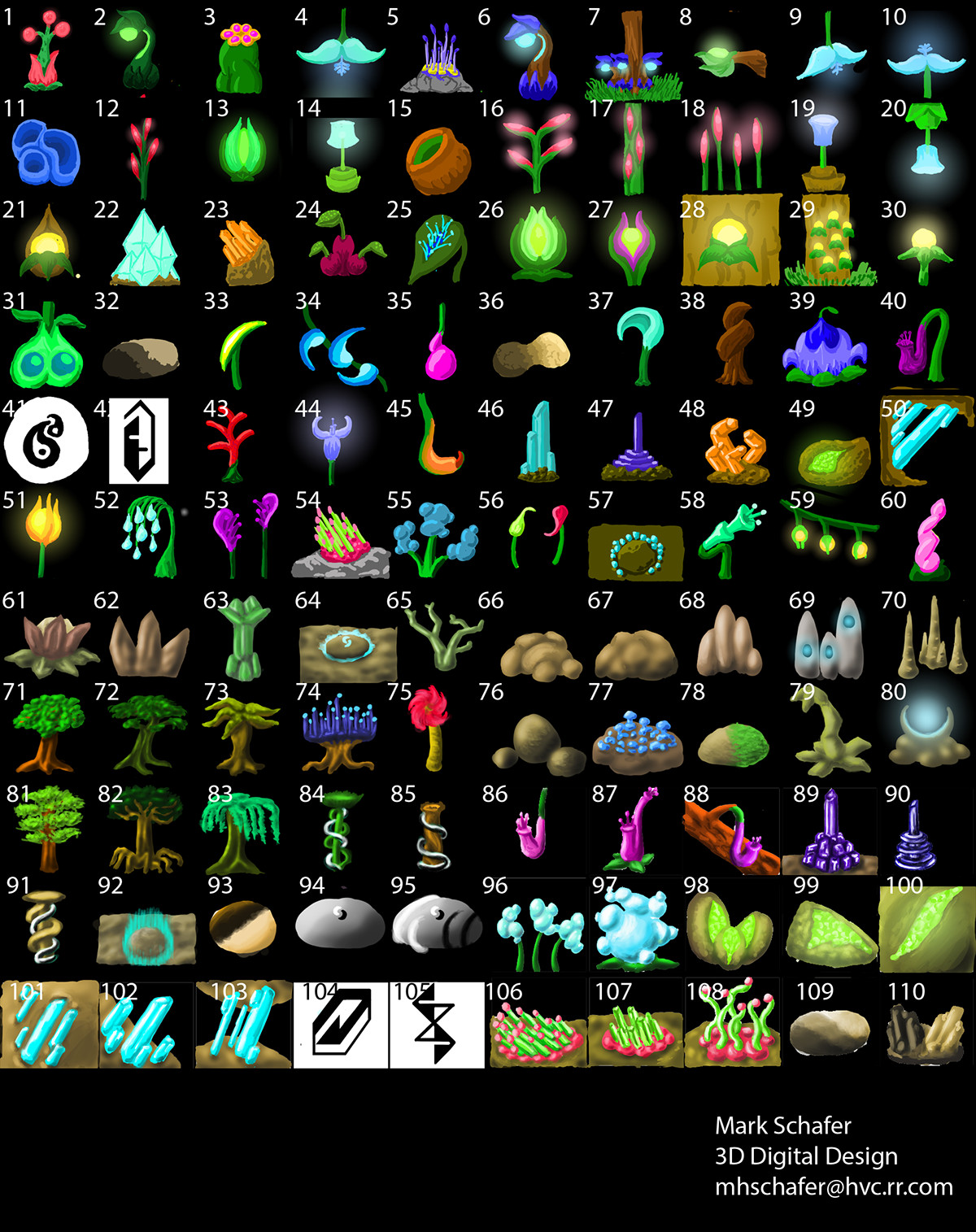 These are all of the concepts I sketched out, most foliage and geo formations, with a few icon concepts as well.