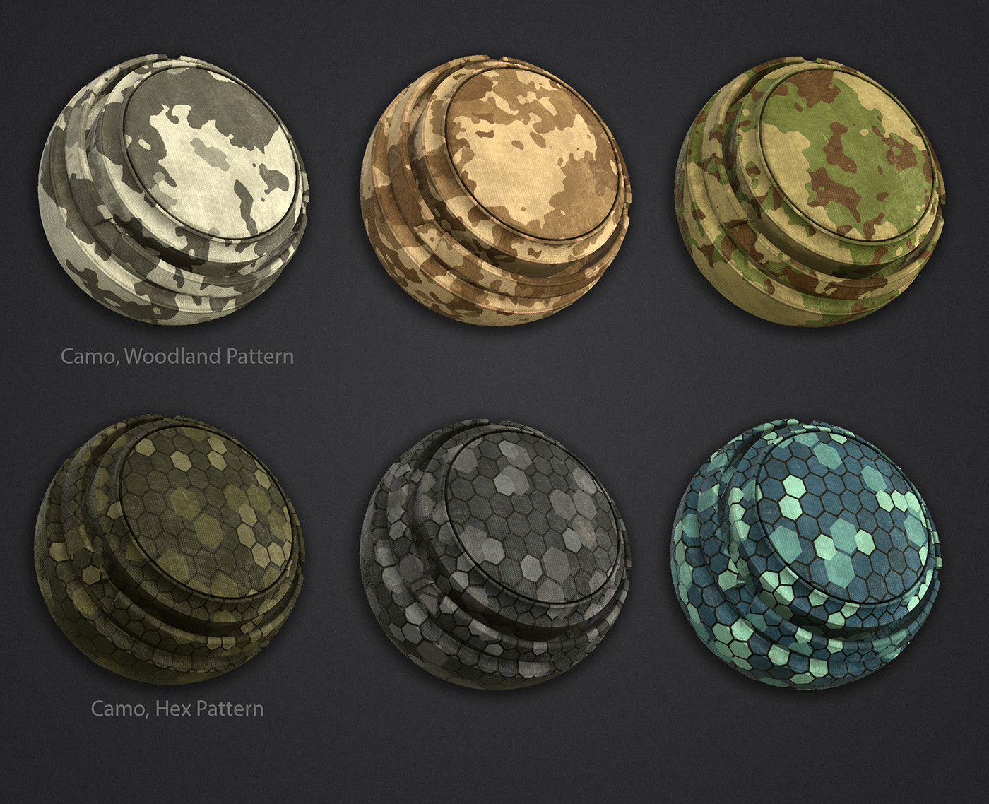 Custom camo materials.  Each color in the patterns can be customized in Painter for easy variation.  

Base canvas material was created by Austin Martin.