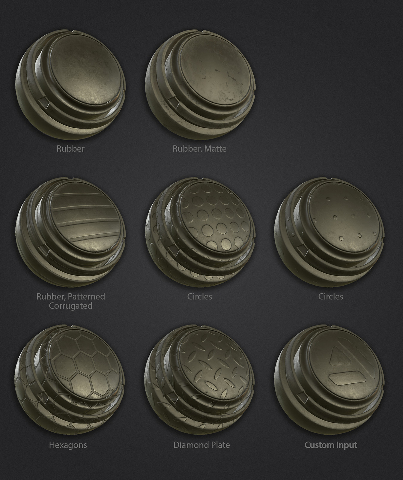 Rubber material variations.  The base material includes 5 built in patterns, and the option to input a custom image.  