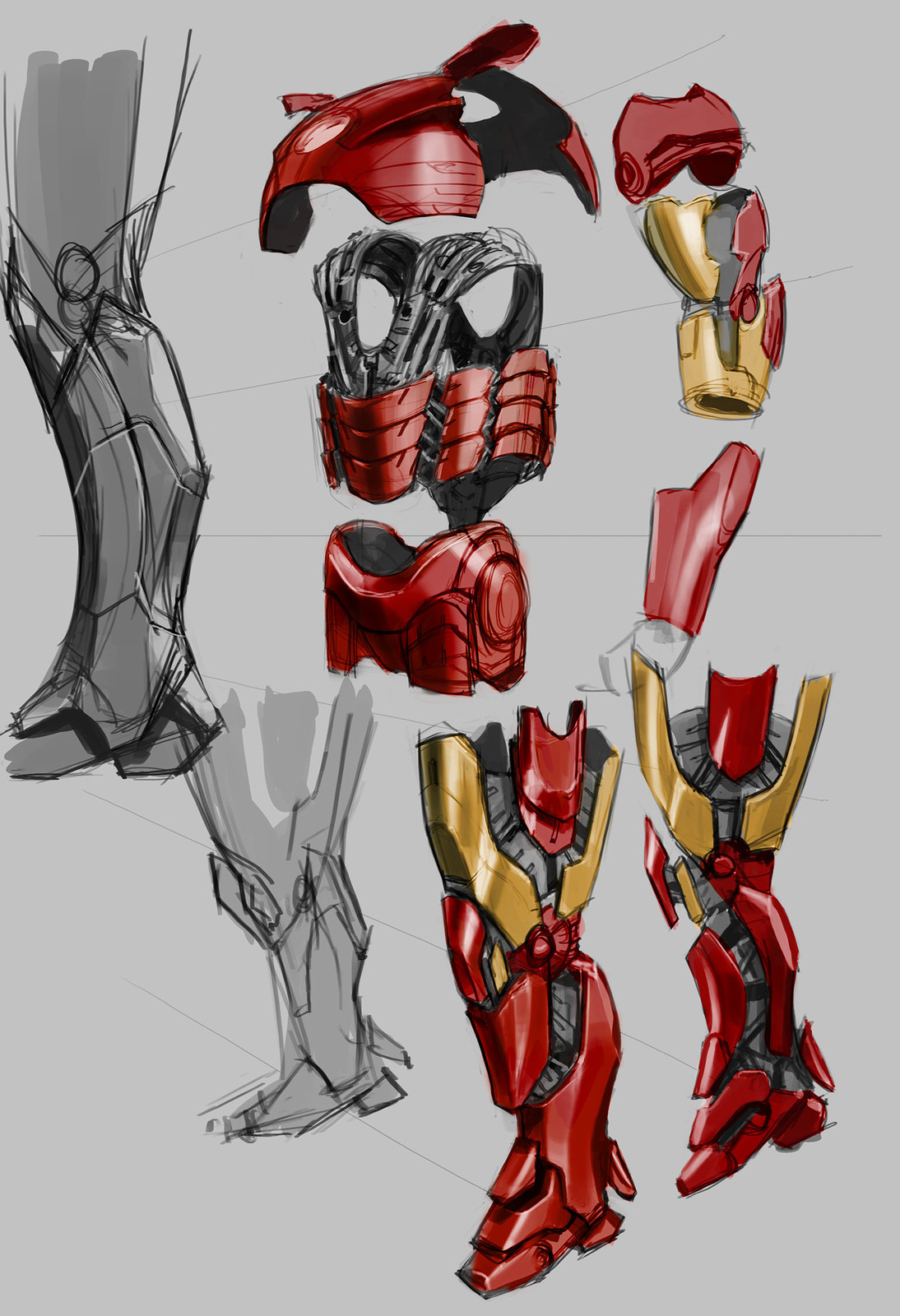 A rough sketch of how the suit would be broken down into its major components. 