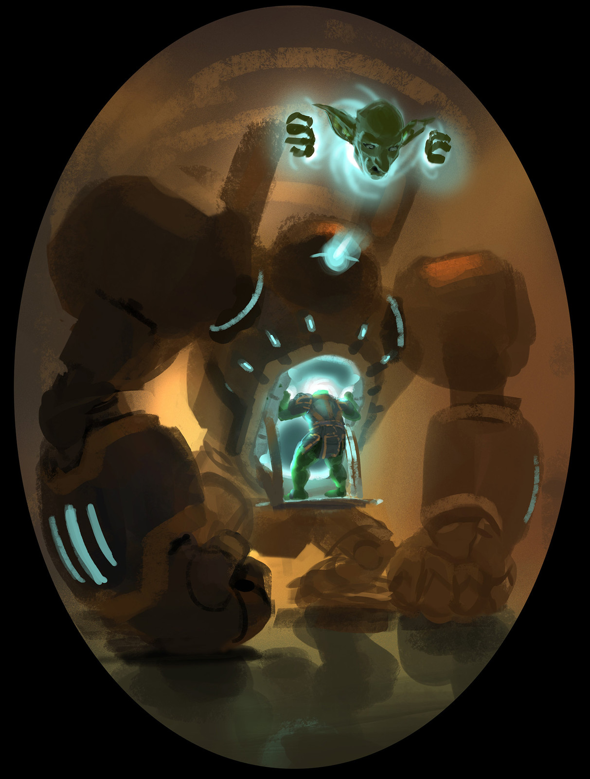 The approved sketch the final was based on. Originally the brief called for a goblin to be partially projected and looking back at himself, a fun concept but ultimately deemed too confusing.