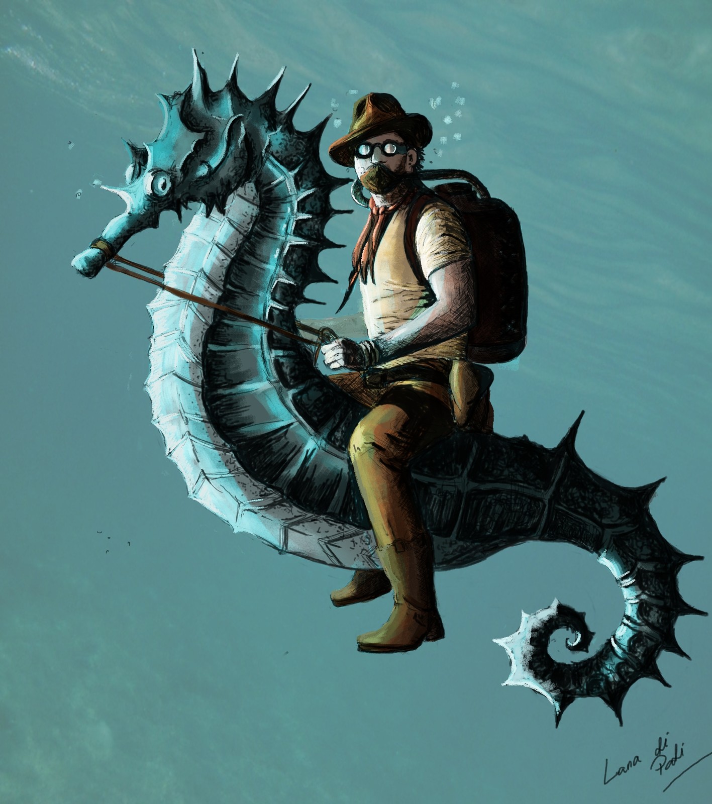 The Drover. Riding their seahorses through the warm shallow waters of the American Pacific, he and his companions drove sea cows, or manatees, that the colonists brought here from Florida to graze them on the seagrass meadows of the continental shelf.