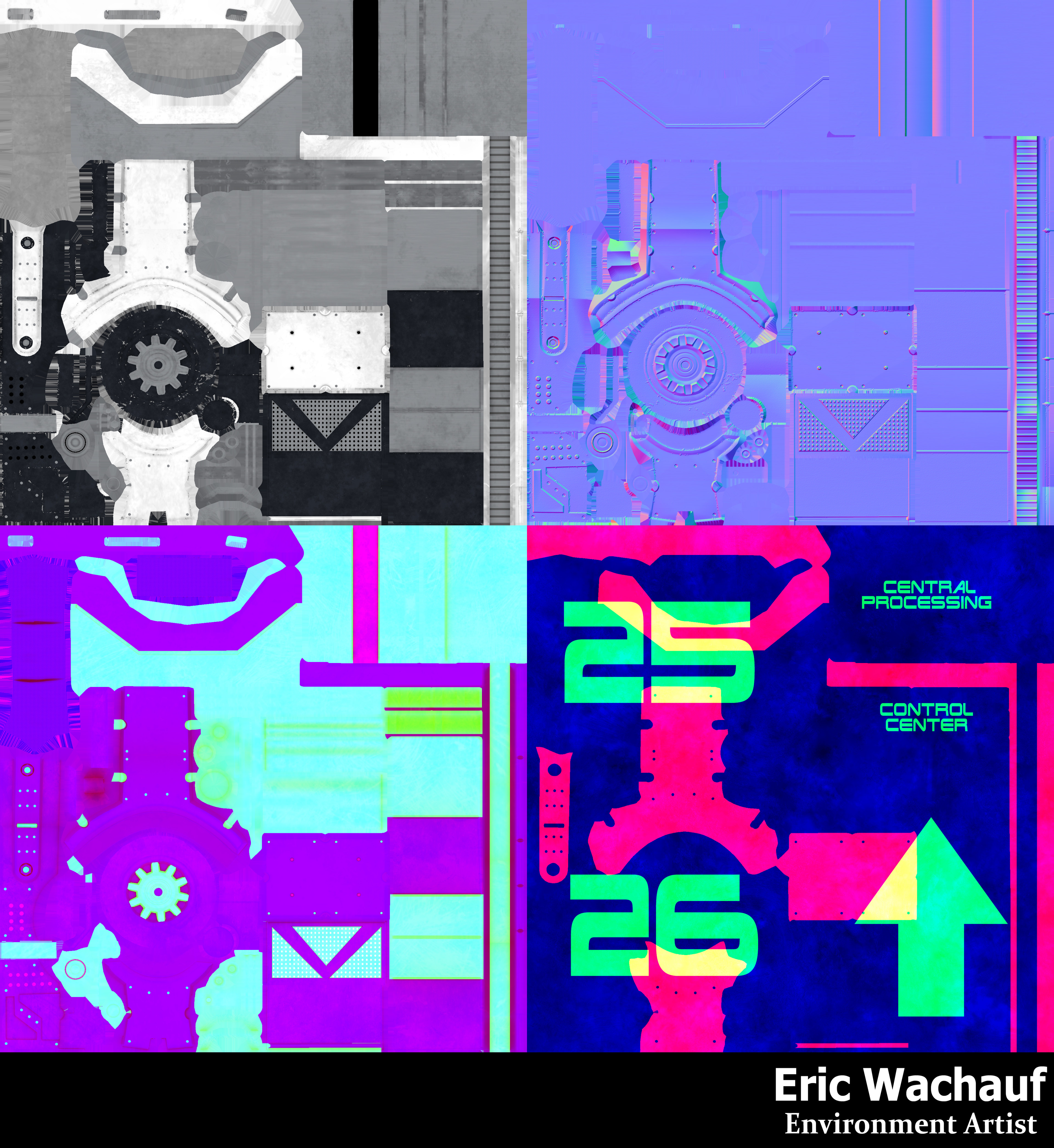 TL - Color map
TR - Normal Map
BL - Roughness, Metalness, AO
BR - Color mask, Decal Masks, 
        Grunge map