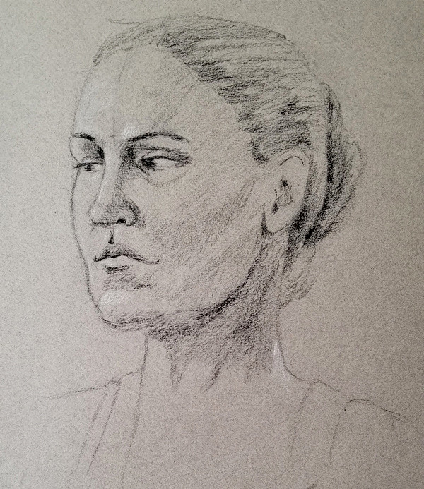 Drawing from a model with charcoal on Canson paper. The portrait was done in 10-15 minutes.