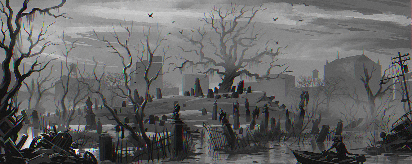 a greyscale sketch of the above image, but from a slightly different angle showing a man arriving by boat