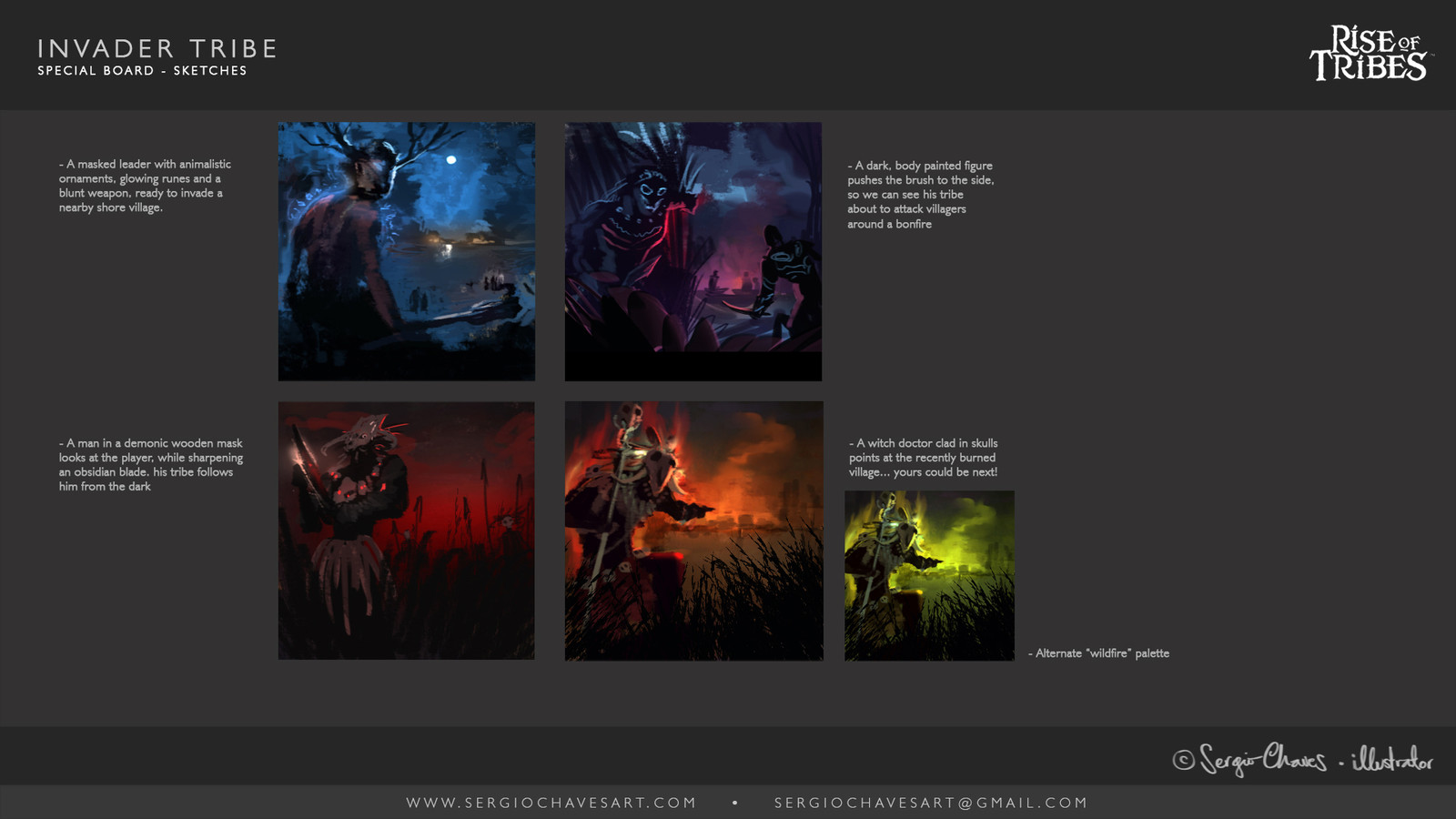 I provide the client with various thumbnails accompanied by a short, narrative caption about the content. I like to start the exploration from color and brushwork, and letting that guide my drawing afterwards.
