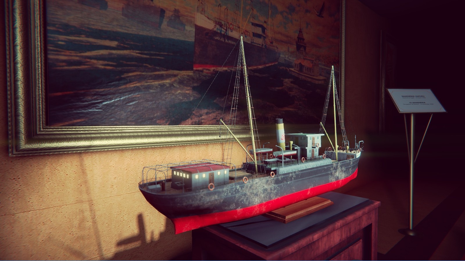 To increase the exhibition atmosphere, and smoothly connect to the next scene, i placed the model of the SS bandırma front of the painting