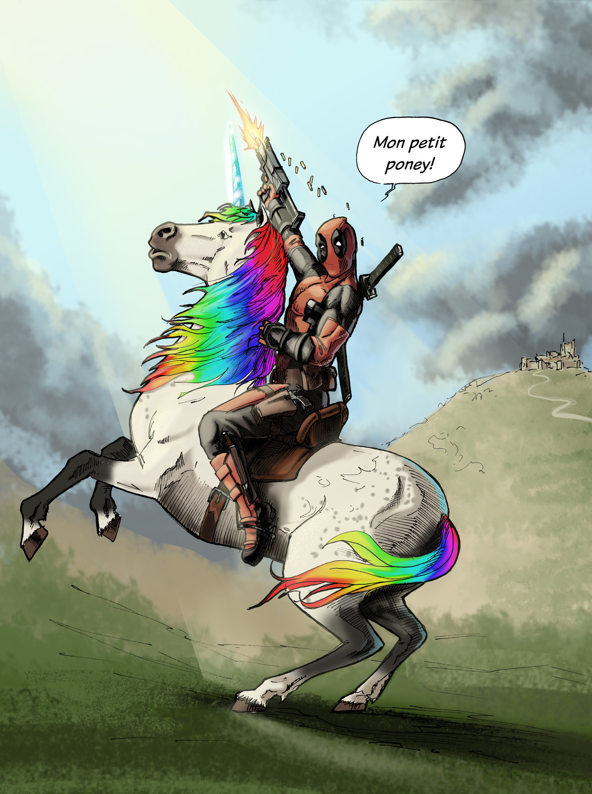 deadpool riding a unicorn pop