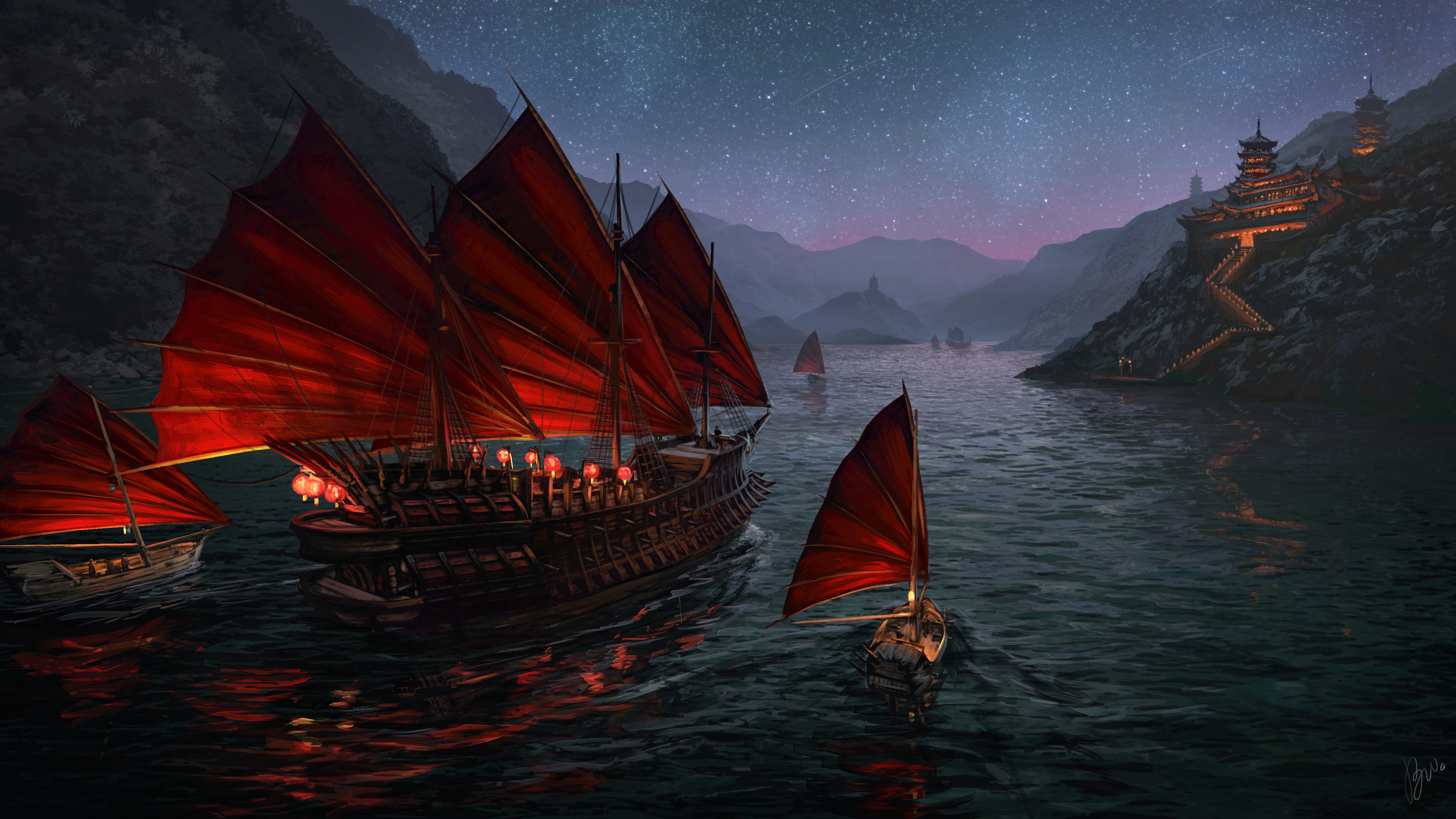  Zhèng Shì and her fleet of junks travelling through the night