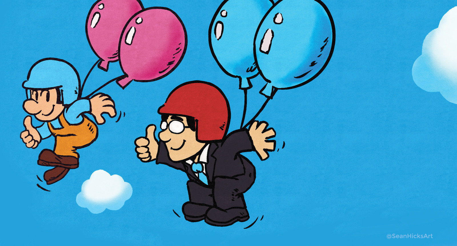 One of the first game Iwata worked on: Balloon Fight. I wanted to capture the style and essence of the original Balloon Fight artwork seen on box art or cartridges. It was fun drawing Iwata in this style. 