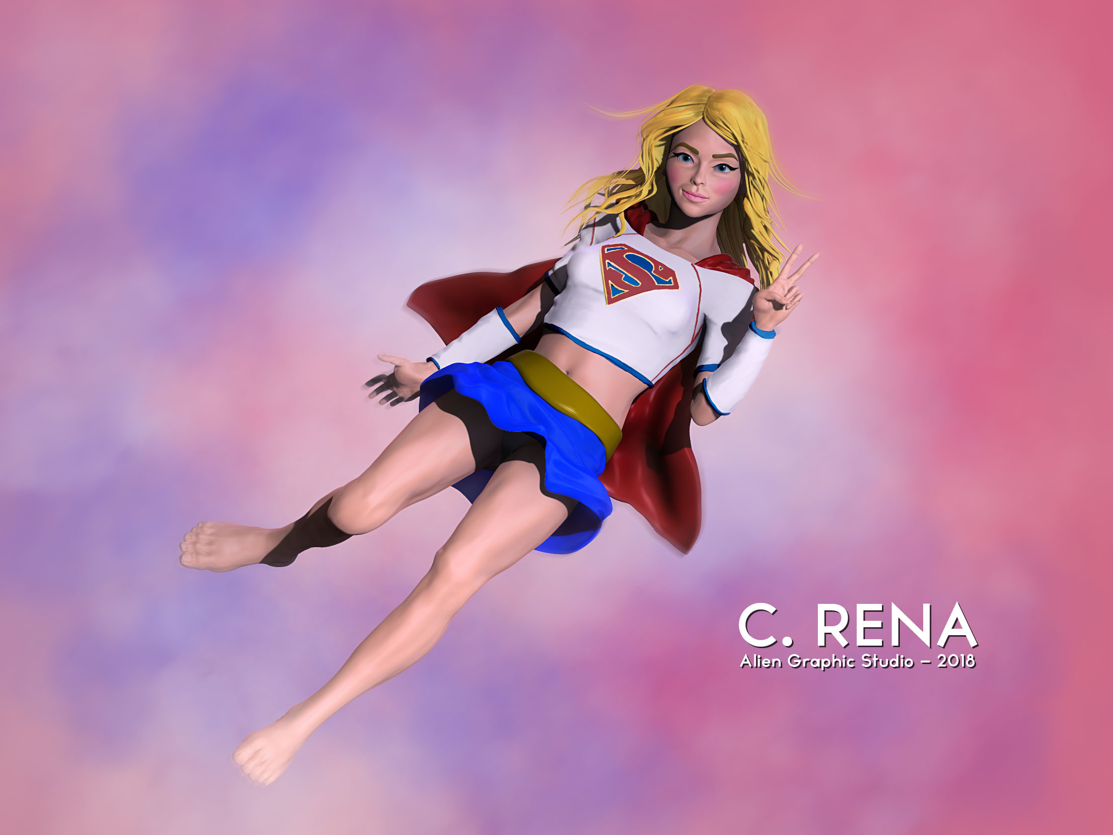 "Super Girl" illustration version 2 (ZBrush render - Multi passes render)