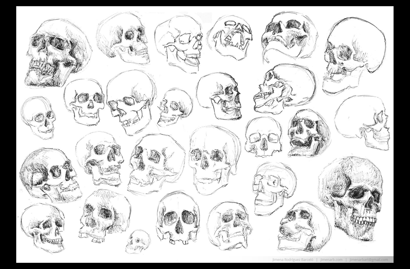 Sketches to practice anatomy and proportions of the skull with just a pen, paper, and references. Each skull takes approximately 2 to 10 minutes.