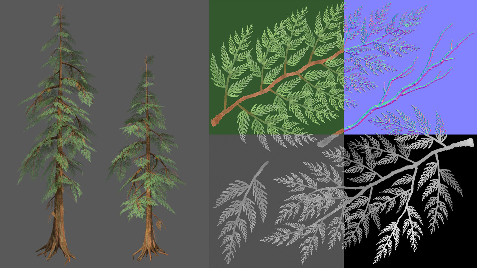 Canopy sculpted in Zbrush, trunk and branches modeled in Maya. Albedo, normal, roughness, height