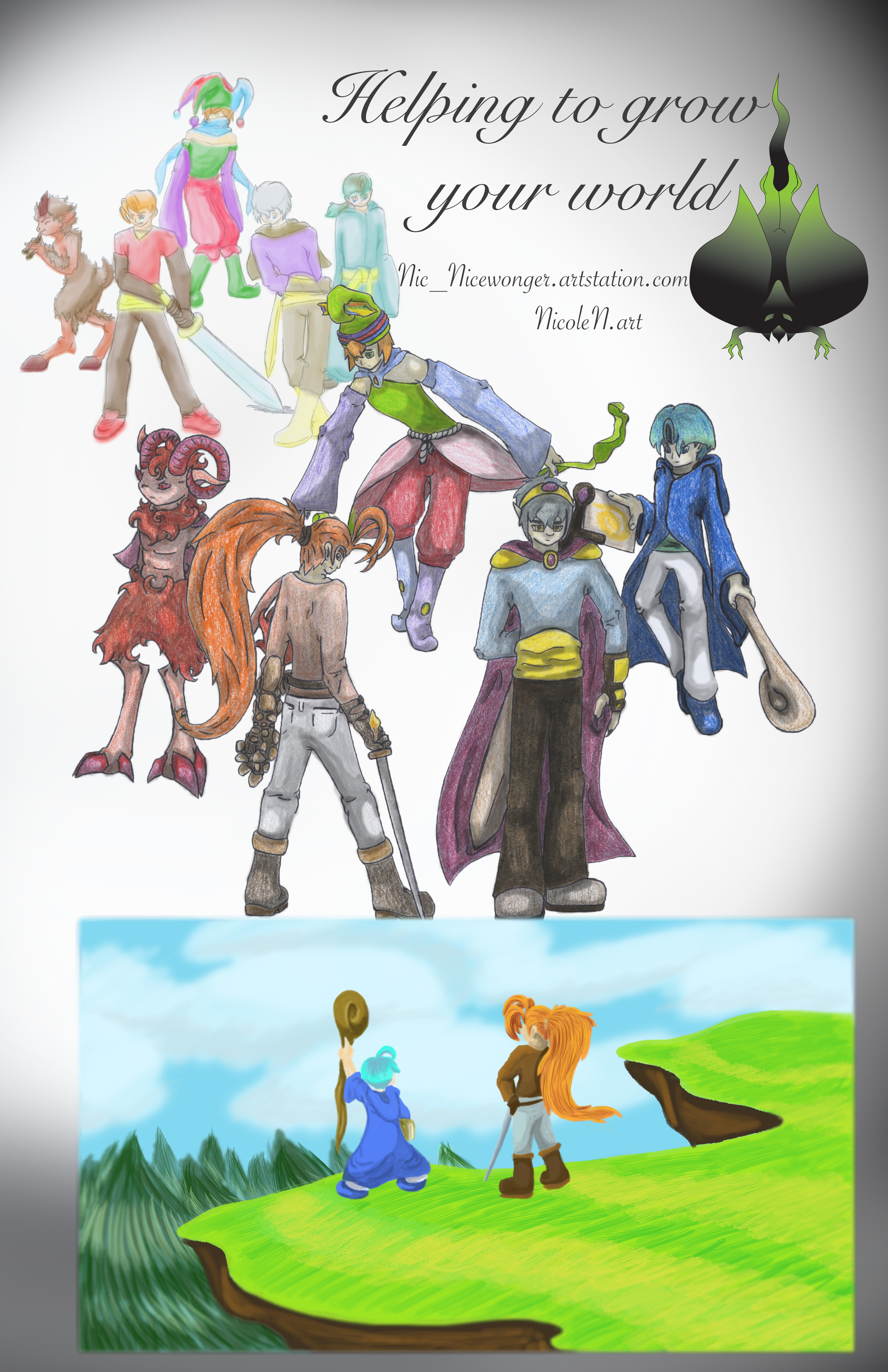 A collection of my characters, shown as original designs, finite designs, and a concept of the "in game" art style all in one poster.
Done tradigitally, as I call it. I utilized both unshaded hand drawings and Photoshop to shade and paint this.