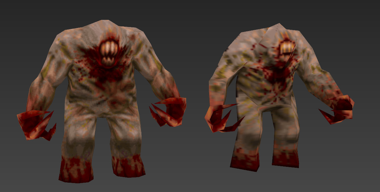 Blockout phase. On the right is the original Shambler... on the left was my first quick mesh edit. This was the start of madness that led to the final model.