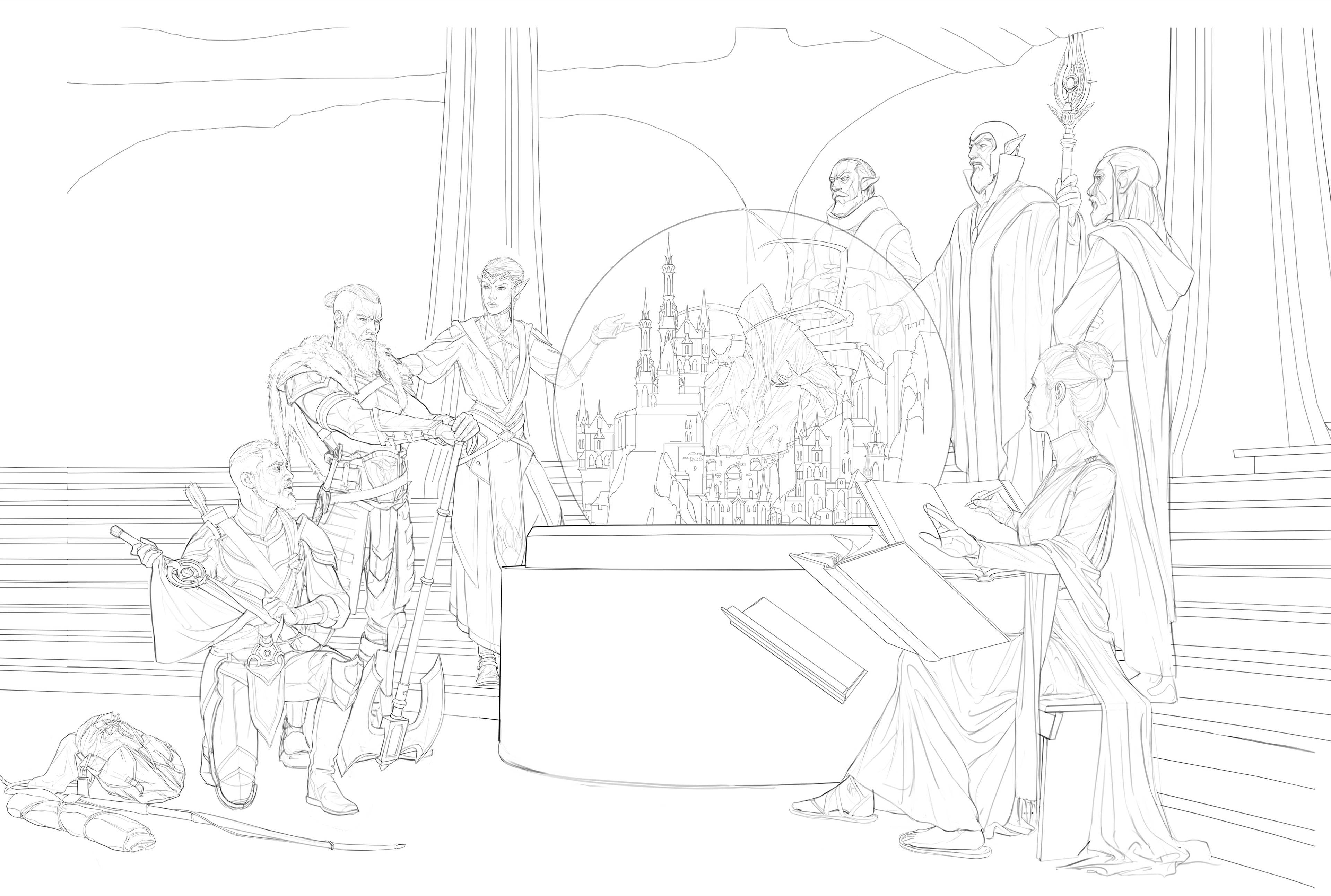Completed line art with wardrobes inspired by in-game armor sets.