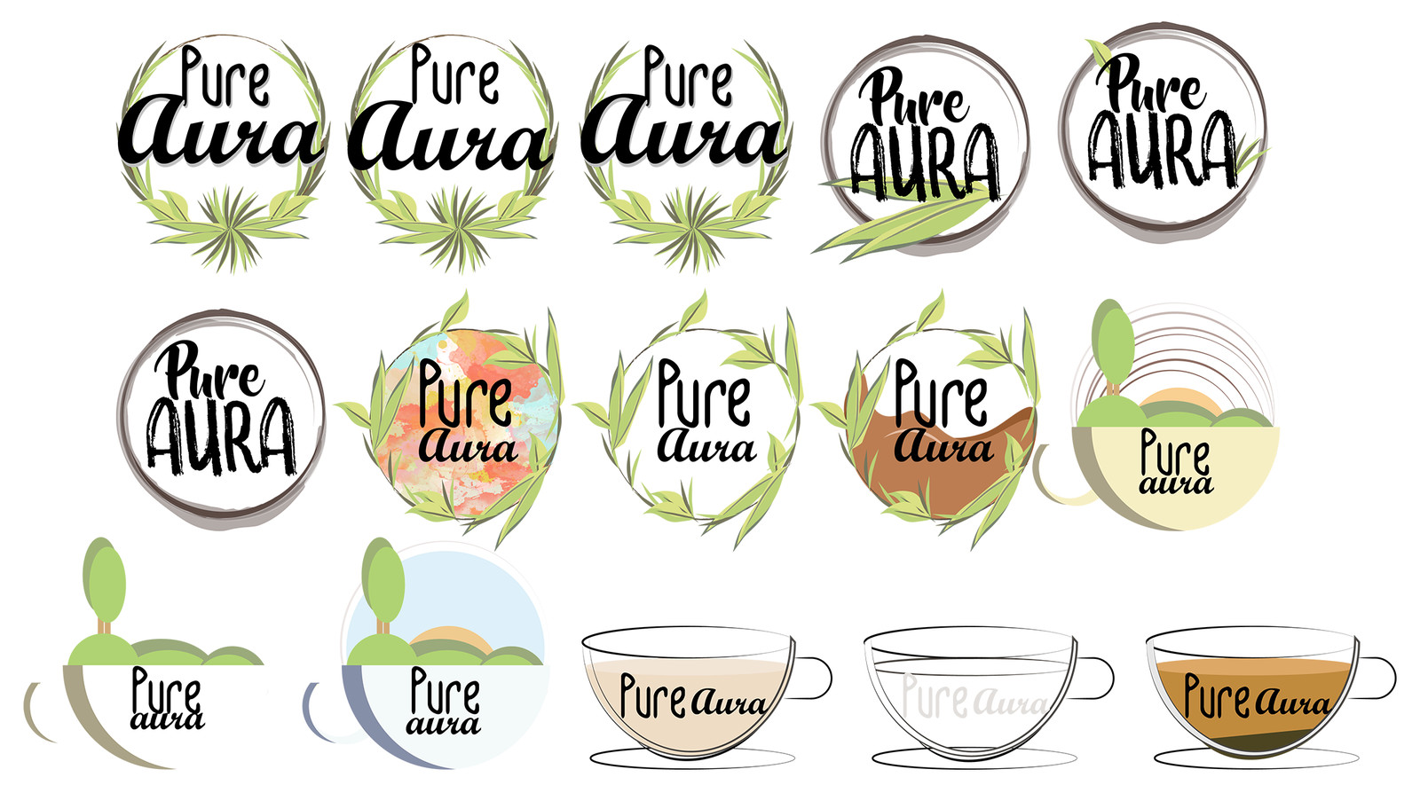 Pure Aura Logo Design Process
Initial concepts, for the Pure Aura branding, the final product combined different elements from the first set and last set.
