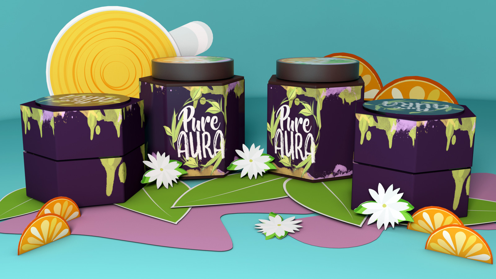 After the initial package design concepts where submitted, these containers were constructed using 3D software to demonstrate how the packages would look once produced for sale. The design on the packaging were created using both Photoshop and Illustrator