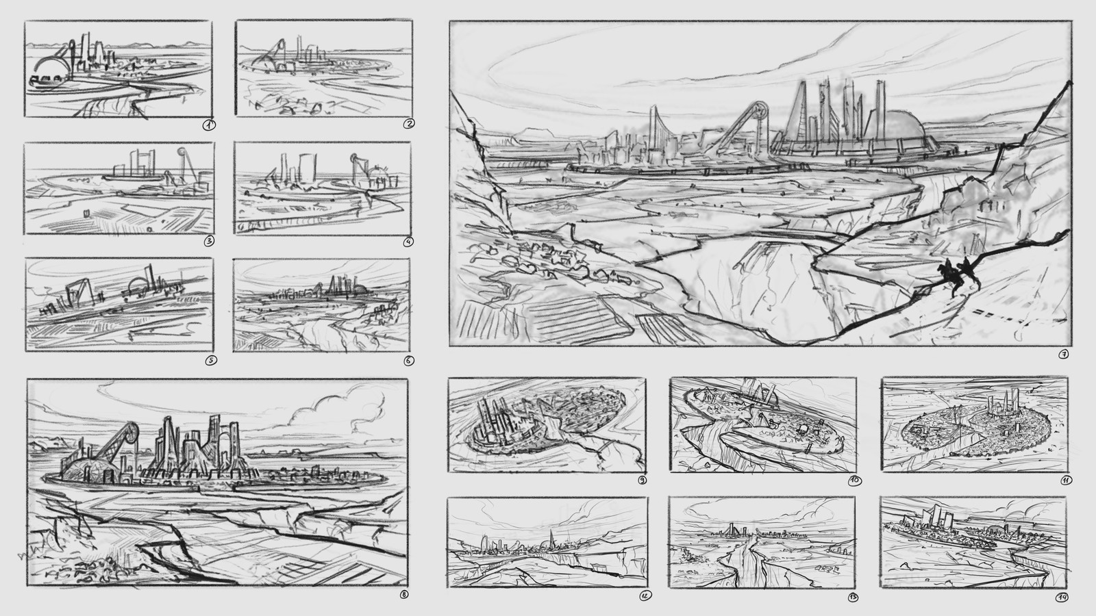 Thumbnail sketches and ideas for the city concept and camera