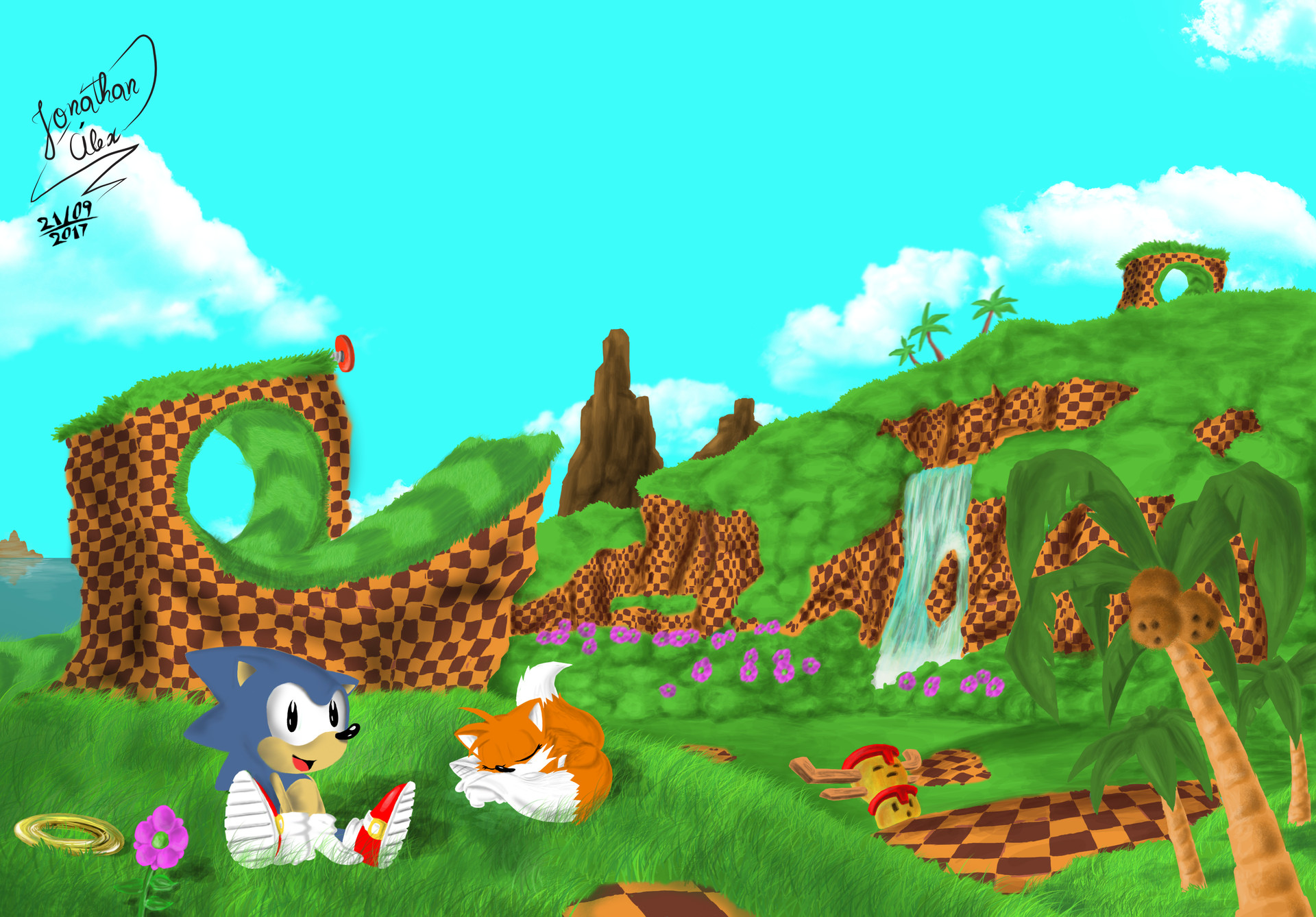 Sonic Green Hill Zone Watercolor Painting Reproduction Print