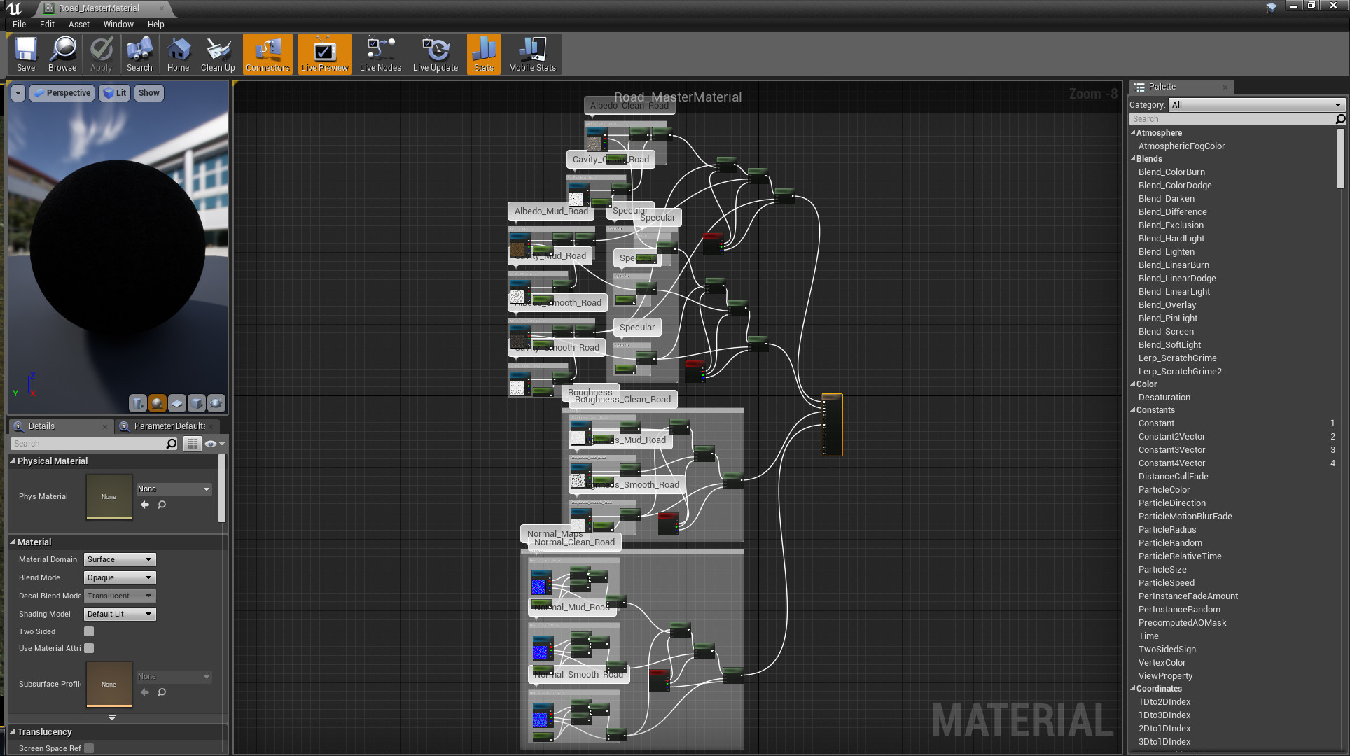 Vertex Paint Material Blueprint. This set up makes sure each texture is fully adjustable using sliders in the material properties.