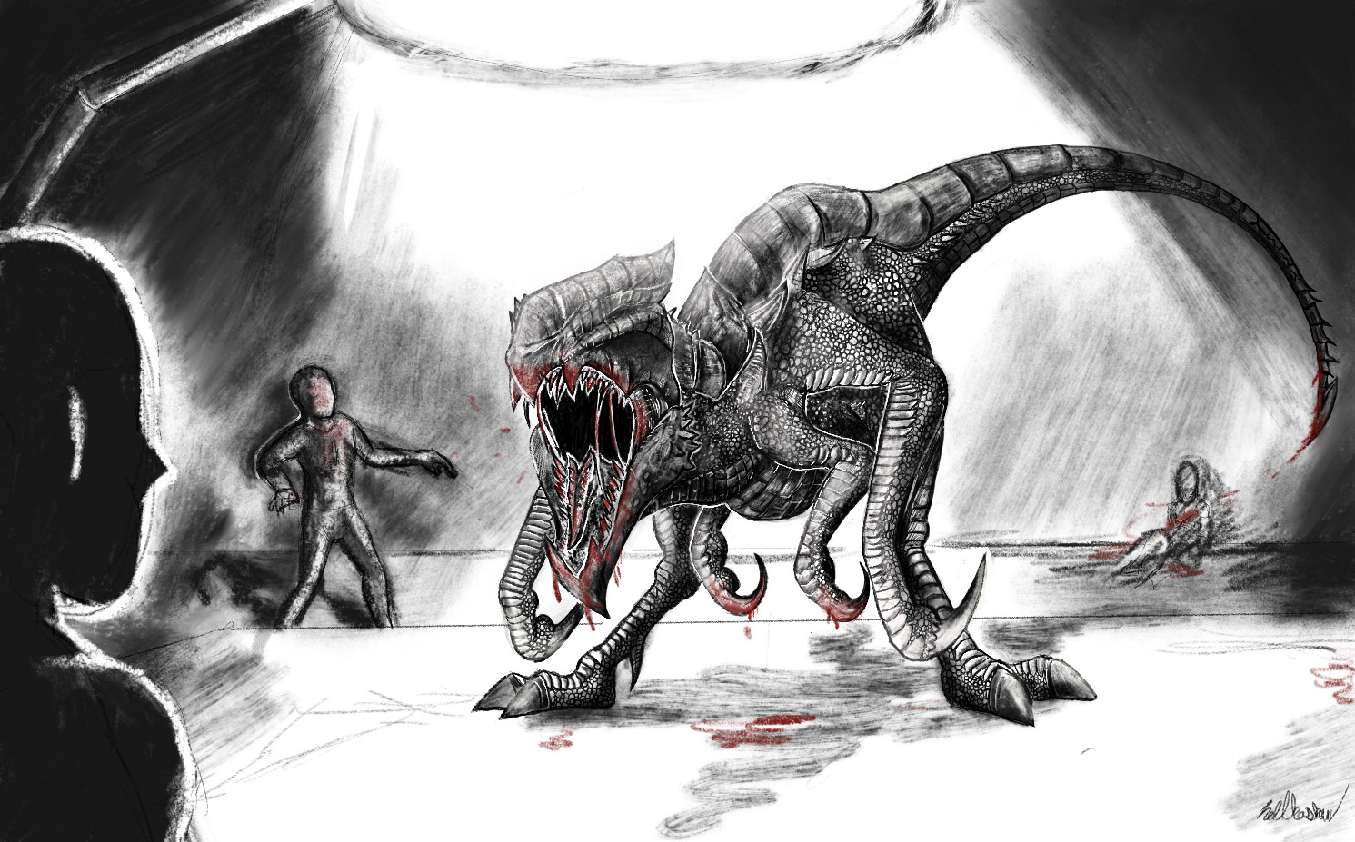 Dramatic scene featuring the Gaiaraptor (greyscale.)