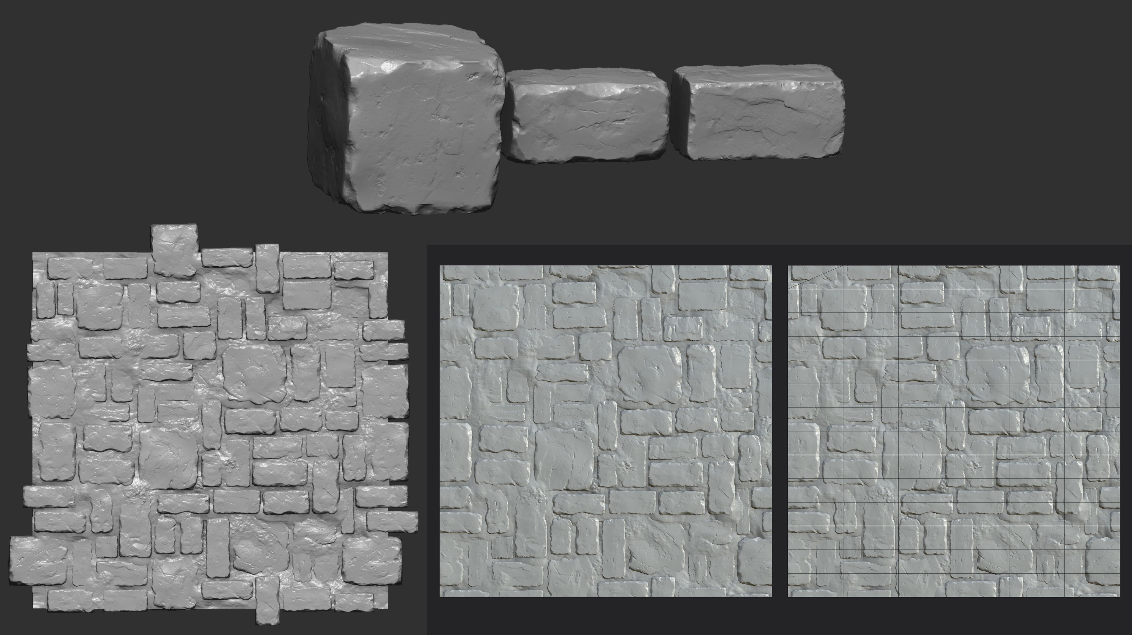 Zbrush model on top and left side, low poly bake and wire-frame on right side