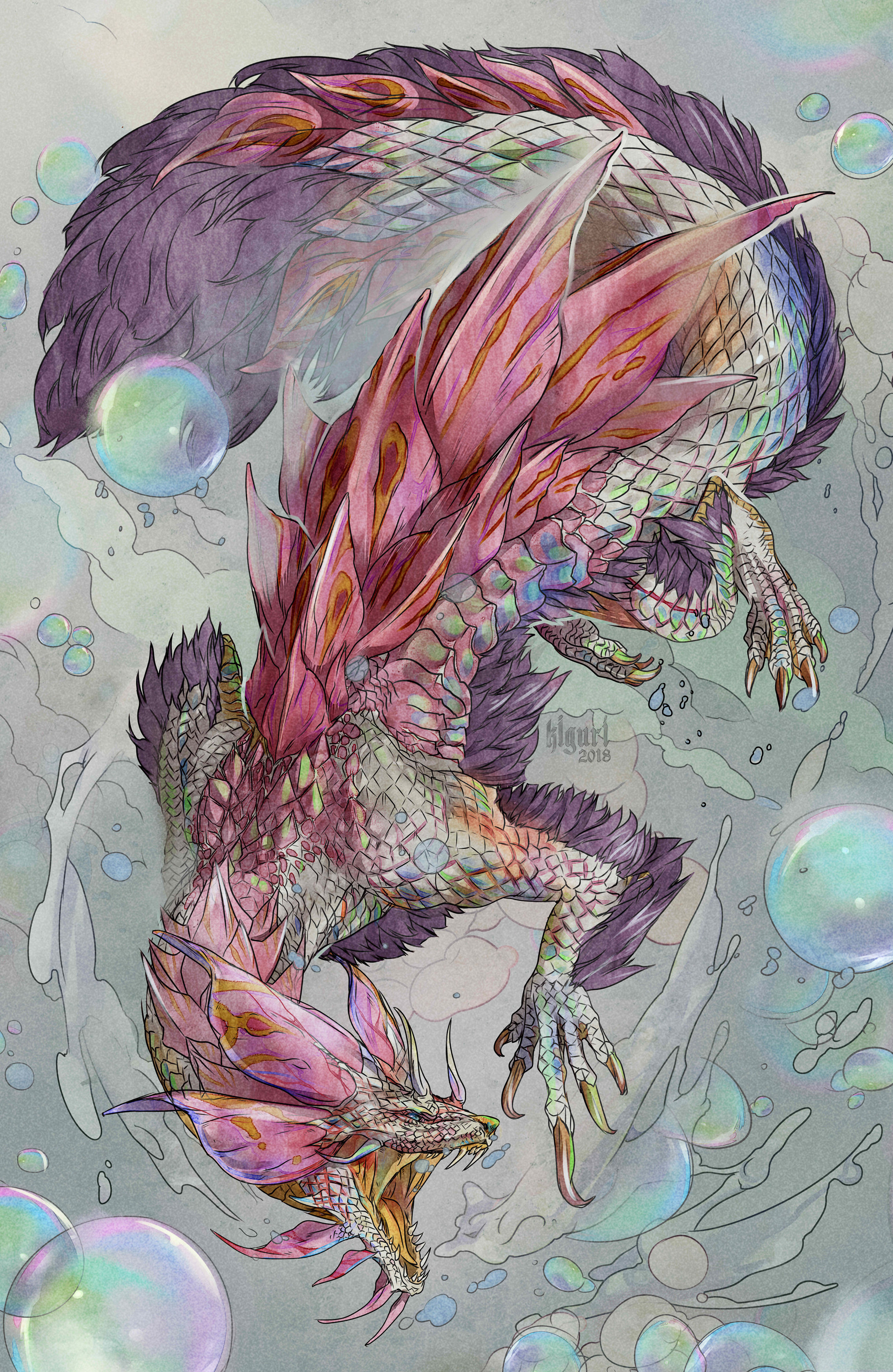 Artstation Mizutsune Victoria Yurkovets #mizutsune #lauren'sworstnightmare #monster hunter rise #monster hunter fanart #artists on tumblr #alcohol markers #gore.