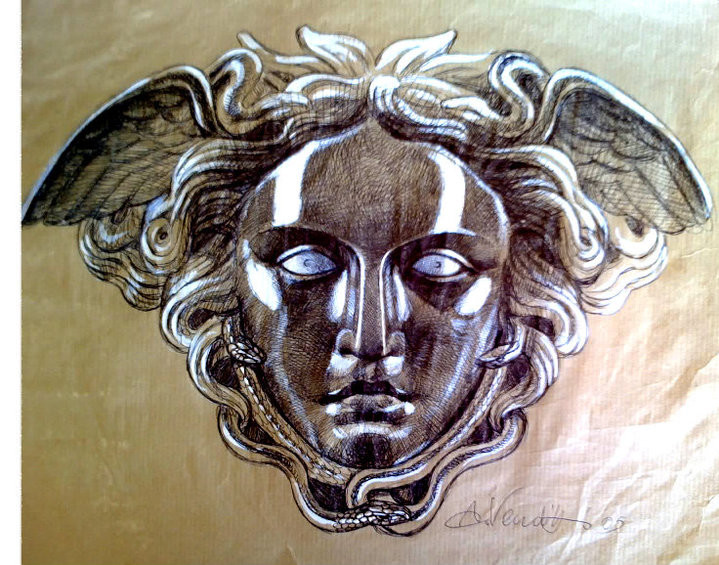 sketch 5 medusa head - pen and acrylic whit on paper