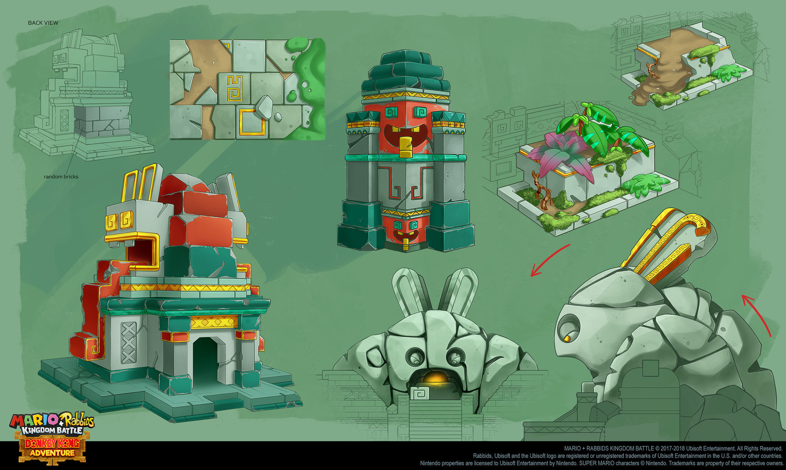 Rabbid Kong temple back towers, ground, corner towers, flowerpots and Rabbid Kong head conception
