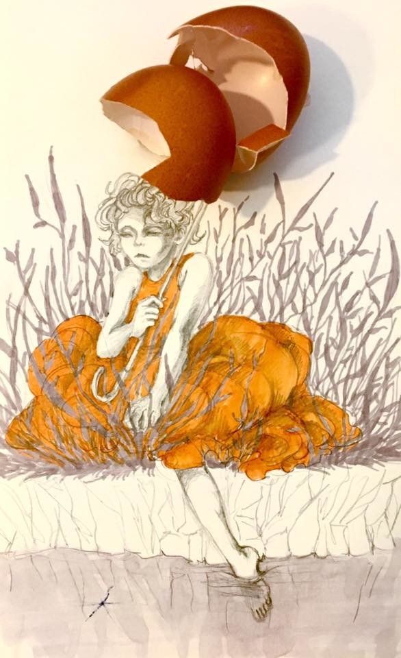 "Egg Child"  Graphite/Prismacolor Markers/Egg shells