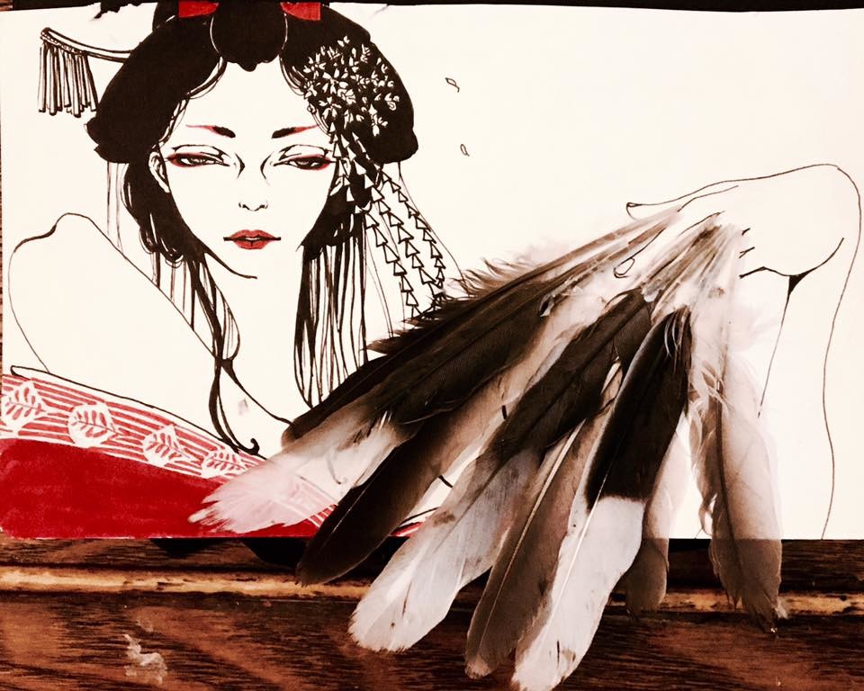 "Feathered Geisha"  Ink/Feathers