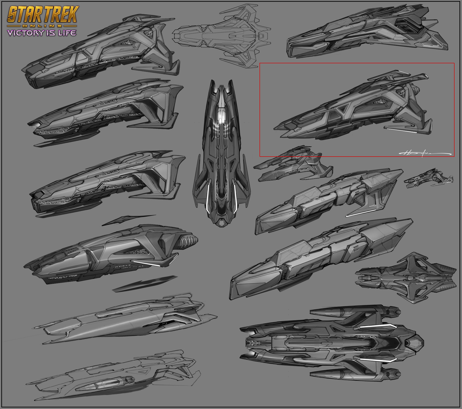 Here you can see some early style variations. I try to keep the sketches angles similar so I can exchange parts between them. Weapons, armors and other ships can be kit-bashed from here thus keeping the style consistent across the board.