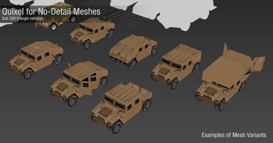The memory footprint of these tiny meshes was insignificant compared to their equivalent in texture memory.  So we got variety by creating many mesh variants (which for non-military vehicles includes vertex color data for tinting).