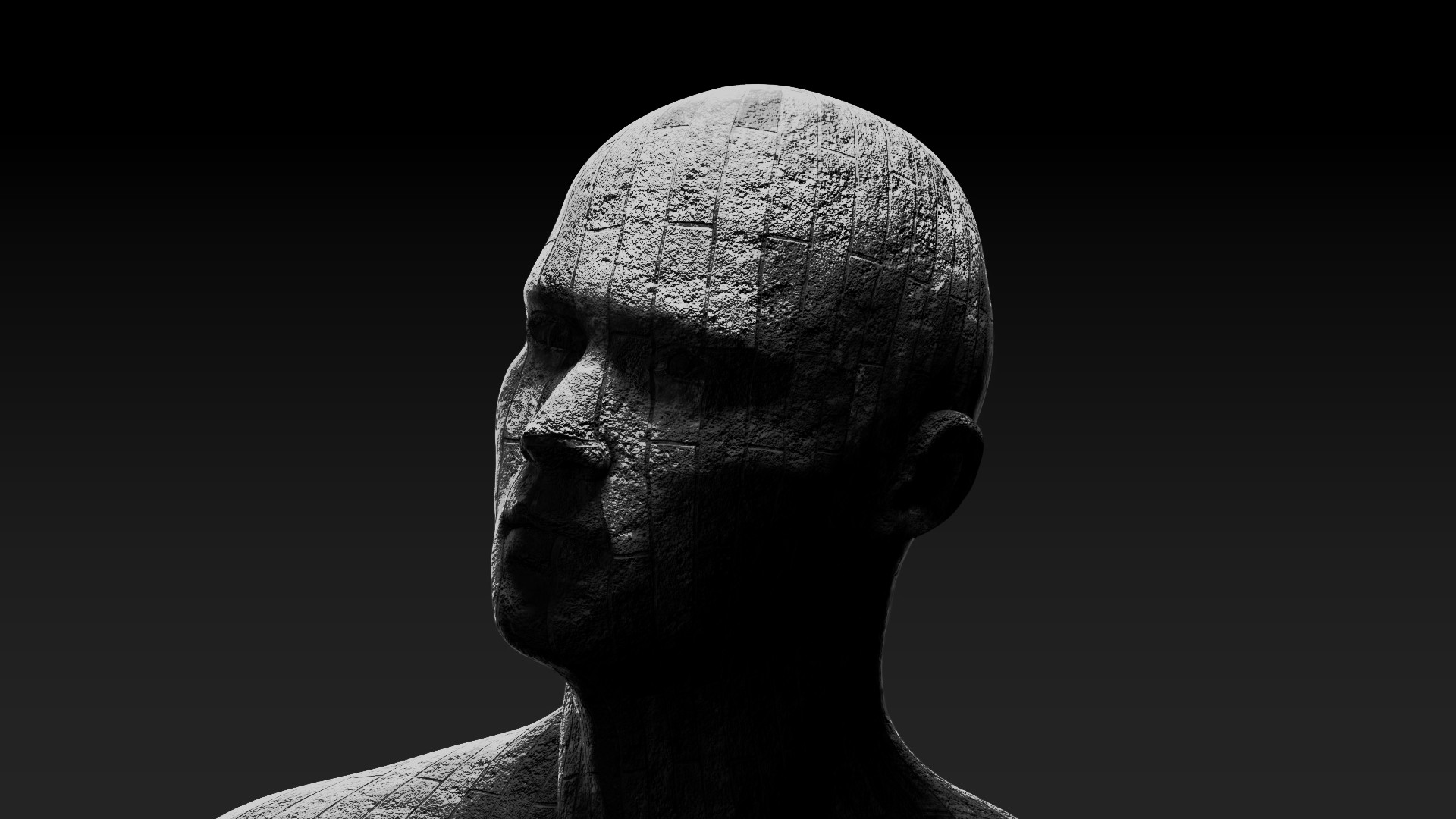 A 3D rendered portrait a man with skin made of bricks.