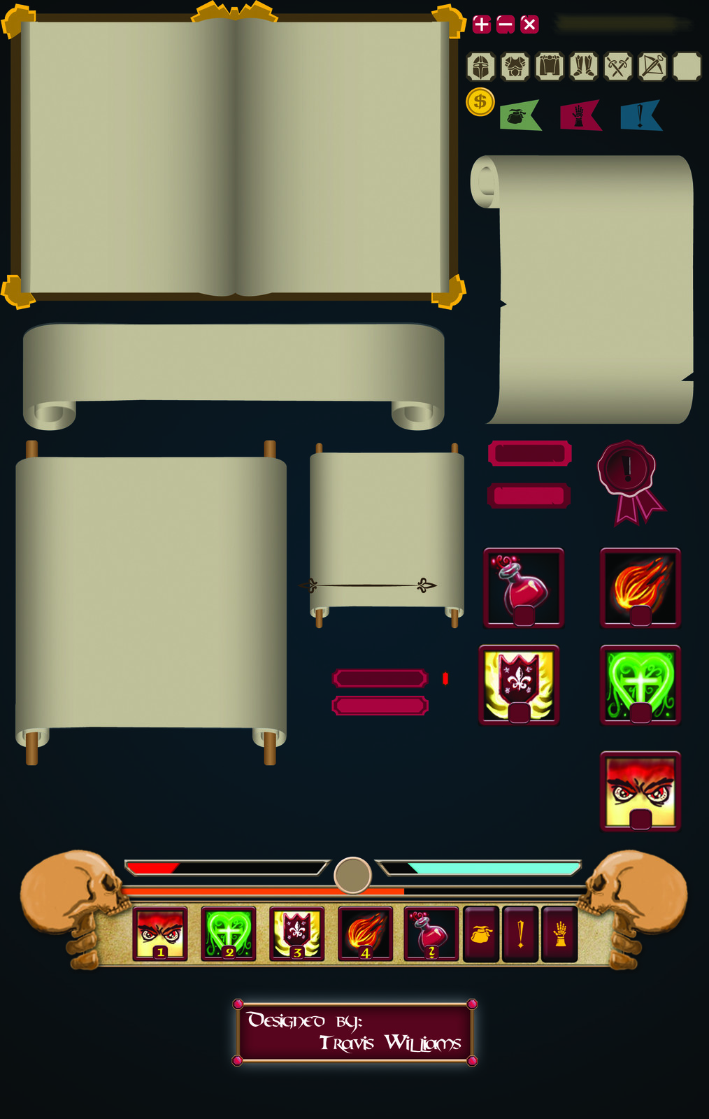 All of the UI elements that I designed and delivered to be implemented into the game. From menus and the action bars and buttons. 